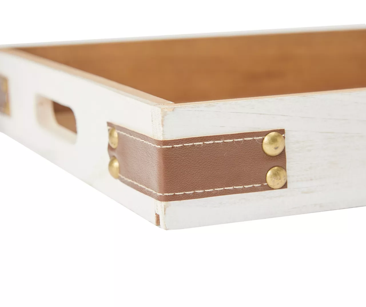 White Decorative Tray With Brown Faux Leather Accents 4 White Decorative Tray With Brown Faux Leather Accents - Image 3